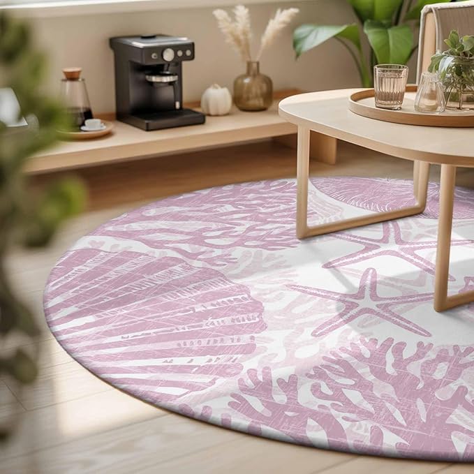 Washable Round Area Rug Watercolor Summer Marine Creature Circle Rugs Floor Carpet for Living Room Bedroom, Pink Starfish Shell Conch Soft Non Slip Round Rug 3ft