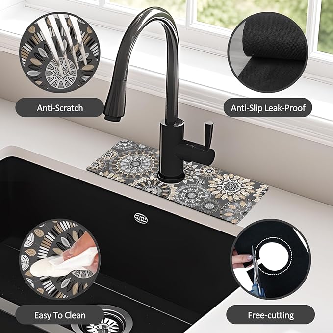 15" X 5.5" Kitchen Sink Splash Guard Faucet Mat Mandala Super Absorbent Fast Drying Faucet Guard & Draining Mat Sink Splash Guard Behind Faucet for Kitchen, Bathroom