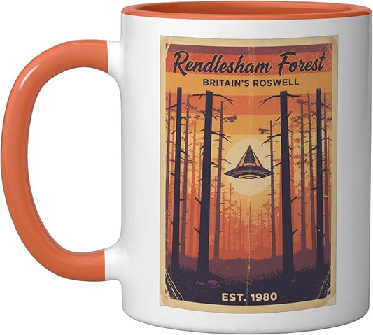Rendlesham Forest UFO Alien Vintage UK Flying Saucer Ceramic Mug, Orange/White