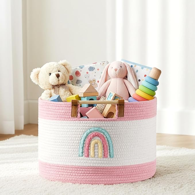 Toy Storage Bin Box for Kids Stuffed Animal Storage Basket for Blanket Baskets Living Room Cotton Rope Woven Baskets for Babies Toddlers Laundry Hamper for Nursery Play Room, Girls Gift Baskets Empty