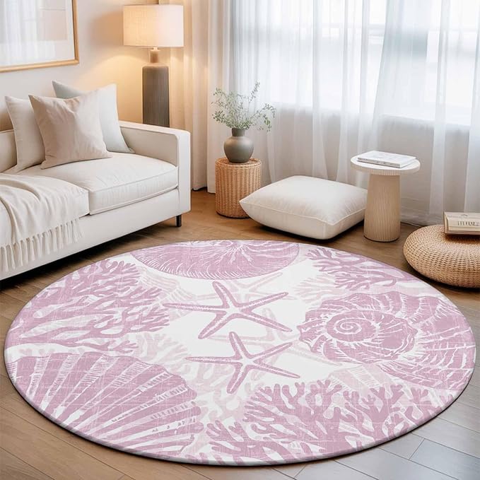 Washable Round Area Rug Watercolor Summer Marine Creature Circle Rugs Floor Carpet for Living Room Bedroom, Pink Starfish Shell Conch Soft Non Slip Round Rug 5ft