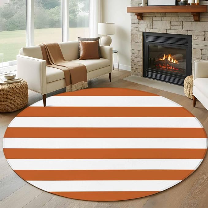 Washable Round Area Rug Farmhouse Classic Stripes Circle Rugs Floor Carpet for Living Room Bedroom, Orange White Soft Non Slip Round Rug 5ft
