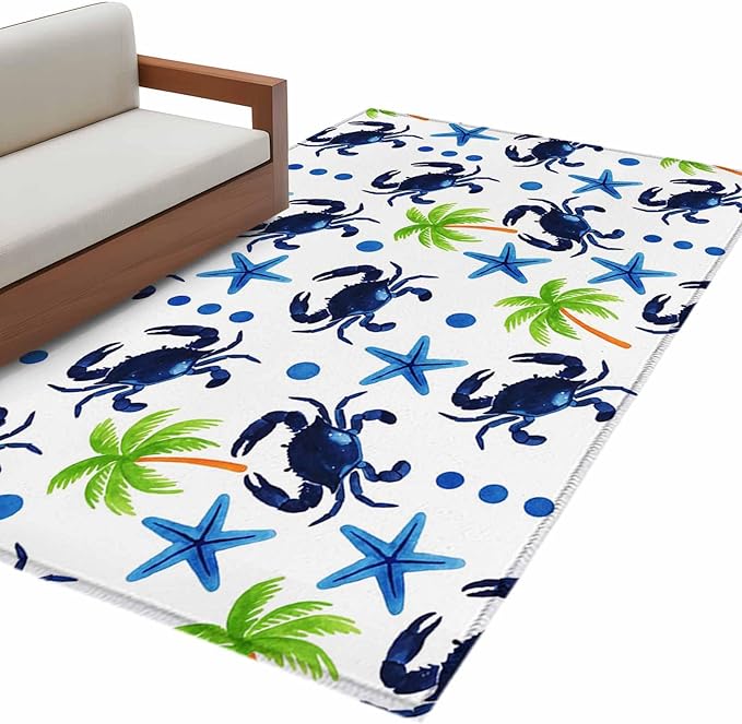 Area Rug 3x5ft, Abstract Blue Crab Starfish Washable Rugs for Living Room Bedroom, Watercolor Palm Tree Soft Non-Slip Area Rugs Rectangle Floor Carpet for Dining Room
