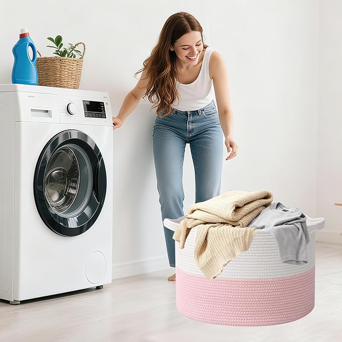 90L Extra Large Pink Woven Cotton Rope Basket with Handles, Kids Nursery Laundry Hamper for Toys, Blankets, Pillows & Comforters, Cute Storage Bin for Bedroom & Playroom