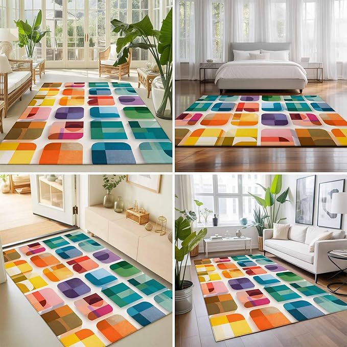 Area Rug 8x10ft, Modern Geometric Squares Washable Rugs for Living Room Bedroom, Colorful Abstract Art Soft Non-Slip Area Rugs Rectangle Floor Carpet for Dining Room