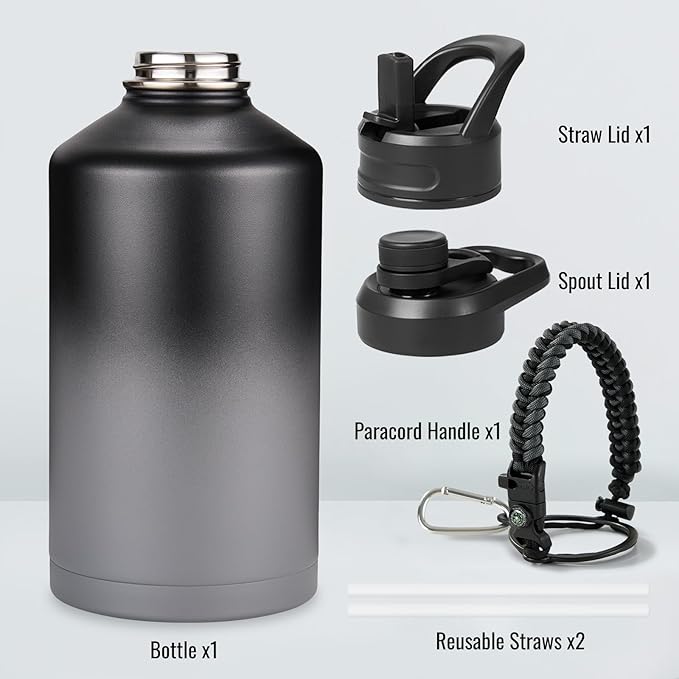 Fijinhom Gallon Water Bottle with 2 Lids (Straw & Spout), 304 Stainless Steel Water Jug with Handle and Wide Mouth, 1 Gallon Vacuum Double Walled Jug for Sports, Outdoors, Black/Gray, 128 oz