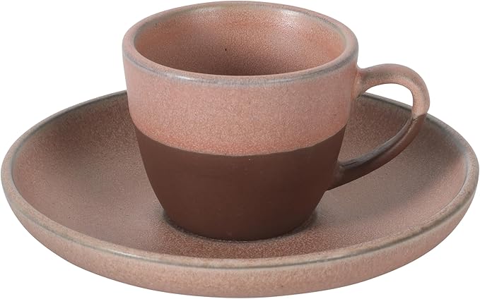 Gibson Elite William Crest 8 Piece Cup & Saucer Set, 4 Stoneware Cups & 4 Saucers, Reactive Glaze Finish, 3.5oz Espresso Cups, 5.5” Saucers, Round Coffee Set, Microwave & Dishwasher Safe - Pink