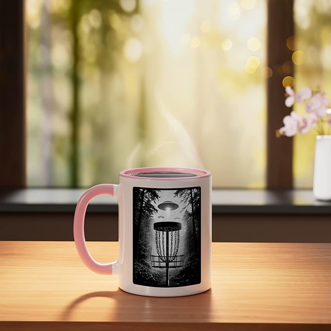 Disc Golf Basket UFO Selfie Funny Alien Wooded Hole Course Ceramic Mug, Pink/White