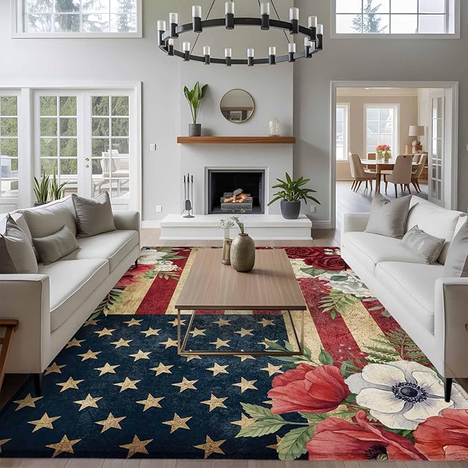 Area Rug 9x12ft, Independence Day 250th Anniversary Washable Rugs for Living Room Bedroom Rectangle Floor Carpet, Vintage USA Flag Floral Soft Non-Slip Area Rugs for Dining Room