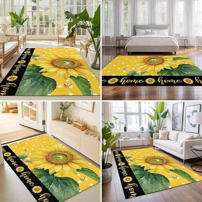 Area Rug 8x10ft, Summer Watercolor Sunflowers Bees Washable Rugs for Living Room Bedroom, Farmhouse Floral Art Soft Non-Slip Area Rugs Rectangle Floor Carpet for Dining Room