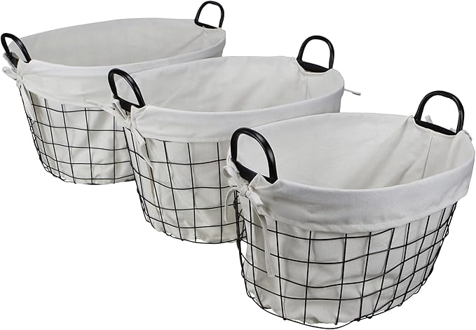 Set of 3 Lined Metal Wire Oval Basket with Handle