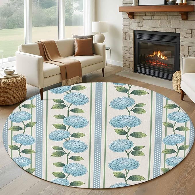 Washable Round Area Rug Spring Blue Flower Hydrangea Leaf Circle Rugs Floor Carpet for Living Room Bedroom, Floral Stripes on Linen Soft Non Slip Round Rug 5ft