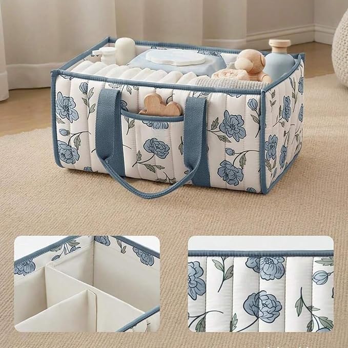Quilted Fabric Storage Basket Floral Baby Diaper Caddy Quilted Basket for Nursery Bedroom Car Storage (L- Blue 02)