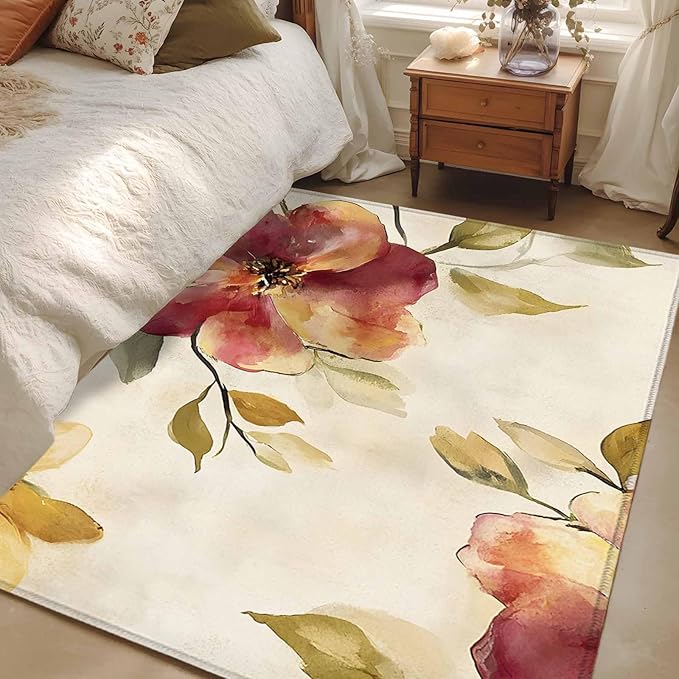 Area Rug 4x6ft, Oil Painting Style Flowers Washable Rugs for Living Room Bedroom, Vintage Country Floral Soft Non-Slip Area Rugs Rectangle Floor Carpet for Dining Room