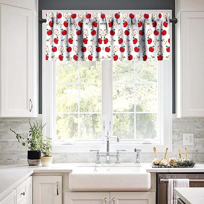 Fresh Apple Curtain Valance, Red Fruit Kitchen Window Treatment for Kitchen Dining Room Bedroom Living Room Cafe Home Decor, 54x18Inch