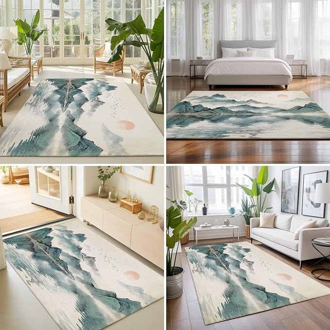 Area Rug 9x12ft, Chinese Zen Landscape Ombre Washable Rugs for Living Room Bedroom Rectangle Floor Carpet, Abstract Mountain Lake Soft Non-Slip Area Rugs for Dining Room