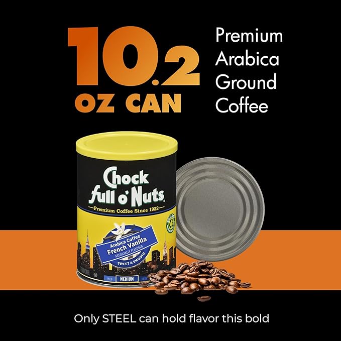 Chock Full o' Nuts French Vanilla Ground Coffee – Premium Beans in Recyclable Steel Can – Rich Flavor & Aroma, Medium Roast – Perfect for Drip, Pour-Over, Percolator – 10.2 Oz Can