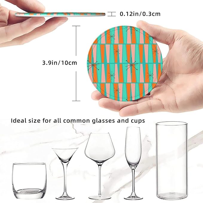 Mid Century Modern Leather Drinks Coasters with Holder, Set of 6, Suitable for Various Cups
