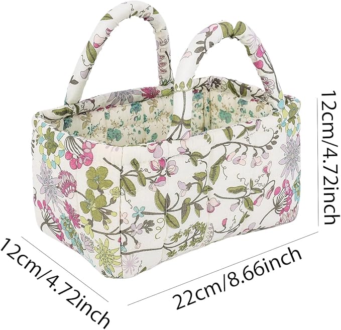 Quilted Fabric Storage Basket Floral Baby Diaper Caddy Quilted Basket for Nursery Bedroom Car Storage