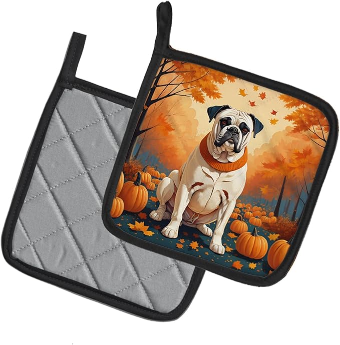 Caroline's Treasures DAC1025PTHD White Boxer Fall Pair of Pot Holders Kitchen Heat Resistant Pot Holders Sets Oven Hot Pads for Cooking Baking BBQ, 7 1/2 x 7 1/2