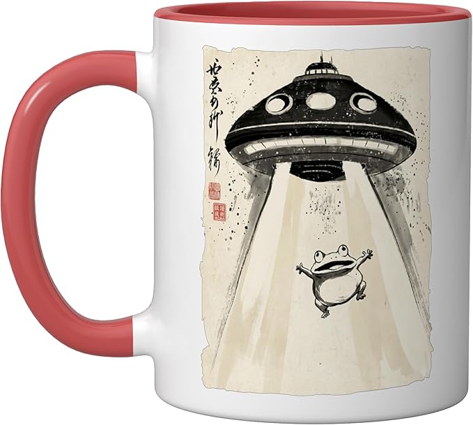 Ukiyo-e Style UFO Abducting Cute Frog Ink Art Painting Ceramic Mug, Red/White