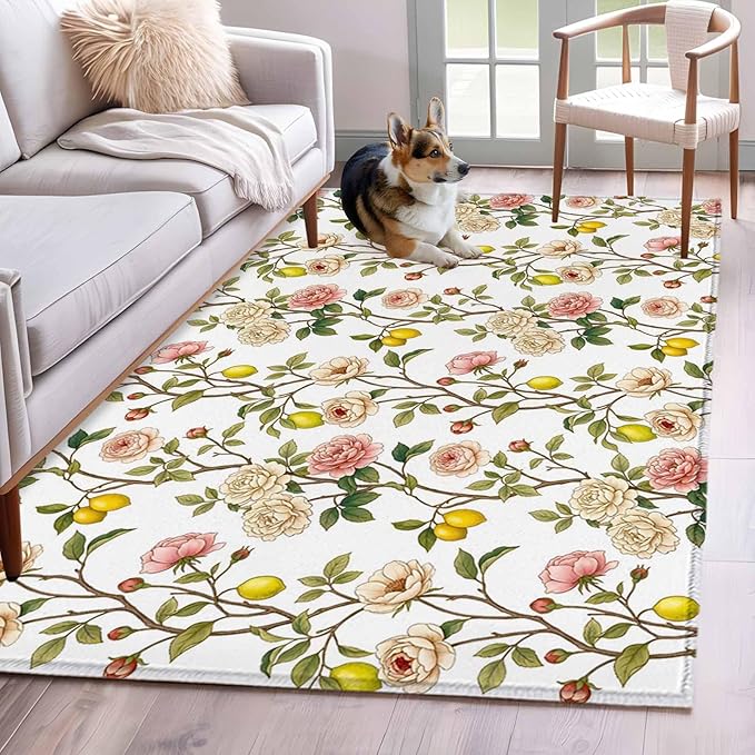 Area Rug 4x6ft, Country Blossom Flower Plant Washable Rugs for Living Room Bedroom, Summer Lemon Leaf Seamless Soft Non-Slip Area Rugs Rectangle Floor Carpet for Dining Room