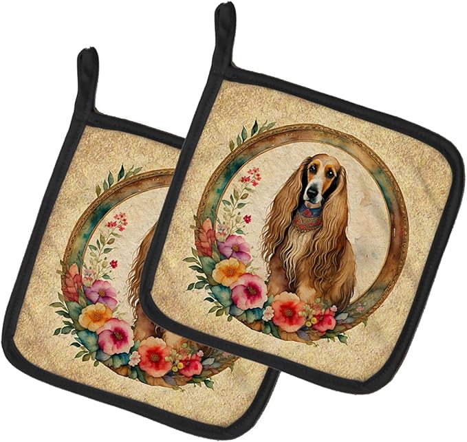 Caroline's Treasures Afghan Hound and Flowers Pair of Pot Holders Kitchen Heat Resistant Pot Holders Sets Oven Hot Pads for Cooking Baking BBQ, 7 1/2 x 7 1/2