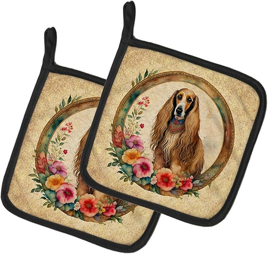 Caroline's Treasures Afghan Hound and Flowers Pair of Pot Holders Kitchen Heat Resistant Pot Holders Sets Oven Hot Pads for Cooking Baking BBQ, 7 1/2 x 7 1/2