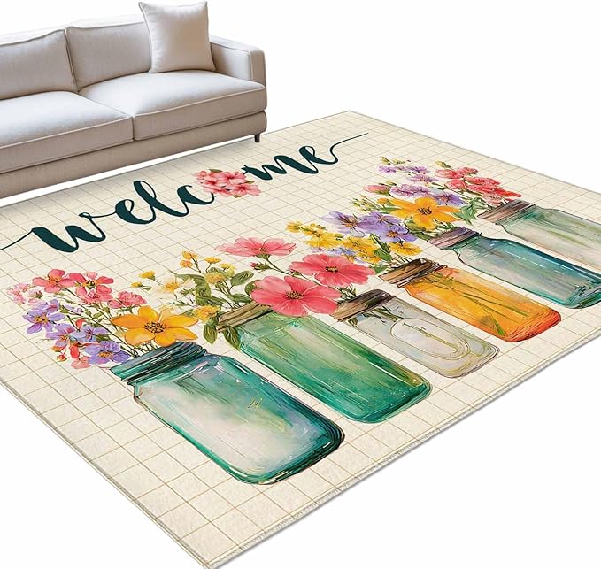Area Rug 8x10ft, Summer Pastoral Flower Buffalo Plaid Washable Rugs for Living Room Bedroom, Rustic Blossom Floral Soft Non-Slip Area Rugs Rectangle Floor Carpet for Dining Room