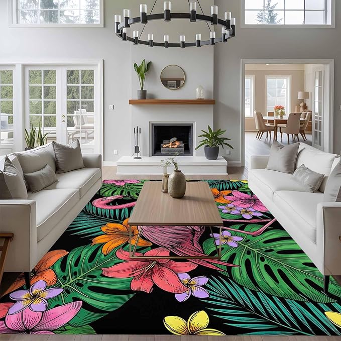 Area Rug 9x12ft, Pink Flamingos Tropical Leaf Washable Rugs for Living Room Bedroom Rectangle Floor Carpet, Colorful Lily Blossom Floral Soft Non-Slip Area Rugs for Dining Room