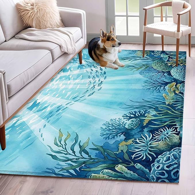 Area Rug 4x6ft, Underwater World Coral Seaweed Washable Rugs for Living Room Bedroom, Seafloor Ocean Life Fish Soft Non-Slip Area Rugs Rectangle Floor Carpet for Dining Room