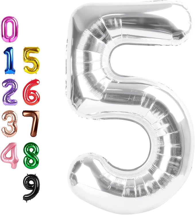 Balloons Number 5, Silver Balloon Numbers for Girls Boys 40 Inch Happy Birthday Decorations for 5 15 25 2025 Graduation Wedding Anniversaries