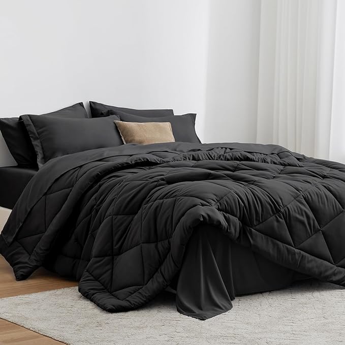 Love's cabin California King Comforter Set Black, 7 Pieces California King Bed in a Bag, All Season Bedding Sets with 1 Comforter, 1 Flat Sheet, 1 Fitted Sheet, 2 Pillowcase and 2 Pillow Sham | Soft, Breathable, Lightweight, Comfortable