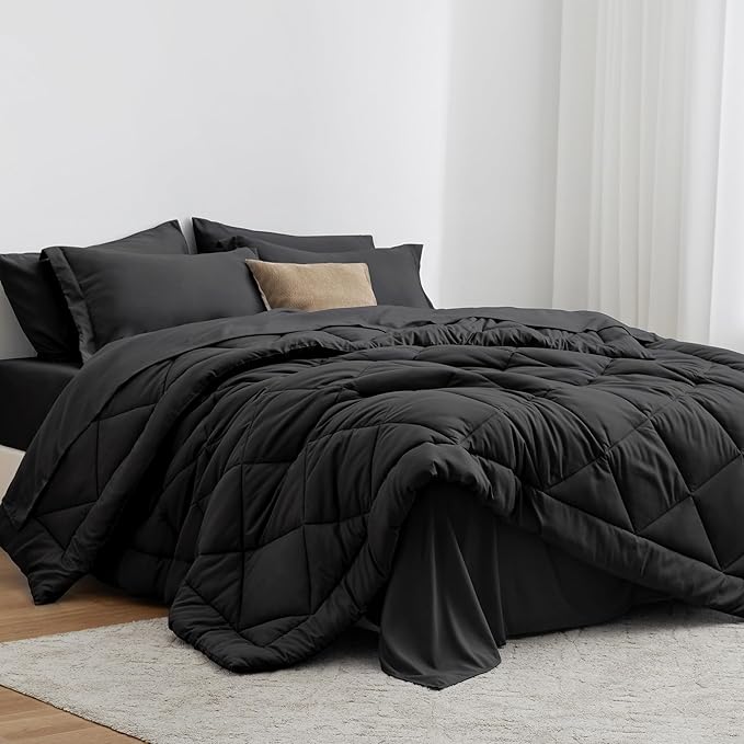 Love's cabin Twin XL Comforter Set Black, 5 Pieces Twin XL Bed in a Bag, All Season Bedding Sets with 1 Comforter, 1 Flat Sheet, 1 Fitted Sheet, 1 Pillowcase and 1 Pillow Sham | Soft, Breathable, Lightweight, Comfortable