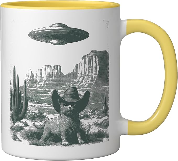 Desert Cat in Hat UFO Encounter Vintage Engraving Ceramic Mug, Yellow/White