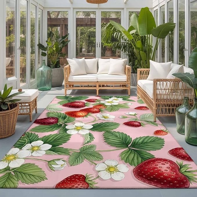 Area Rug 3x5ft, Summer Strawberry Bush on Pink Washable Rugs for Living Room Bedroom, Forest Green Foliage Soft Non-Slip Area Rugs Rectangle Floor Carpet for Dining Room