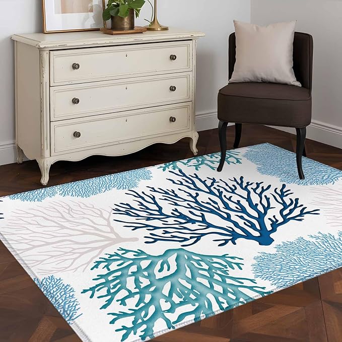 Area Rug 3x5ft, Classic Sea Blue Coral Washable Rugs for Living Room Bedroom, Abstract Marine Life Scenery Soft Non-Slip Area Rugs Rectangle Floor Carpet for Dining Room