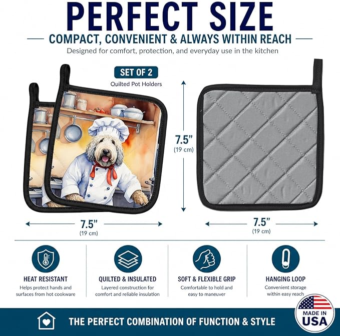 Caroline's Treasures Komondor The Chef Pair of Pot Holders Kitchen Heat Resistant Pot Holders Sets Oven Hot Pads for Cooking Baking BBQ, 7 1/2 x 7 1/2