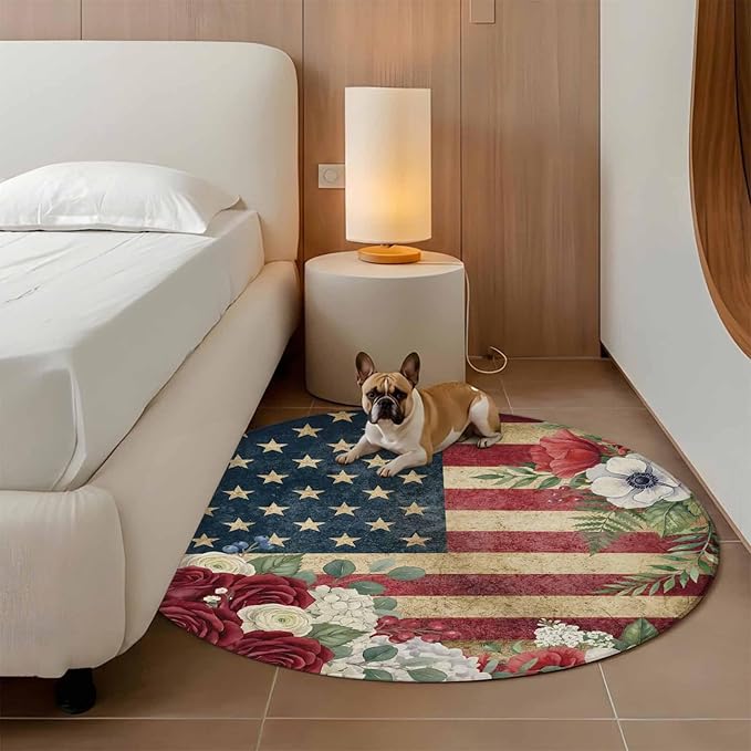 Washable Round Area Rug Independence Day 250th Anniversary Circle Rugs Floor Carpet for Living Room Bedroom, Vintage USA Flag Floral Soft Non Slip Round Rug 3ft