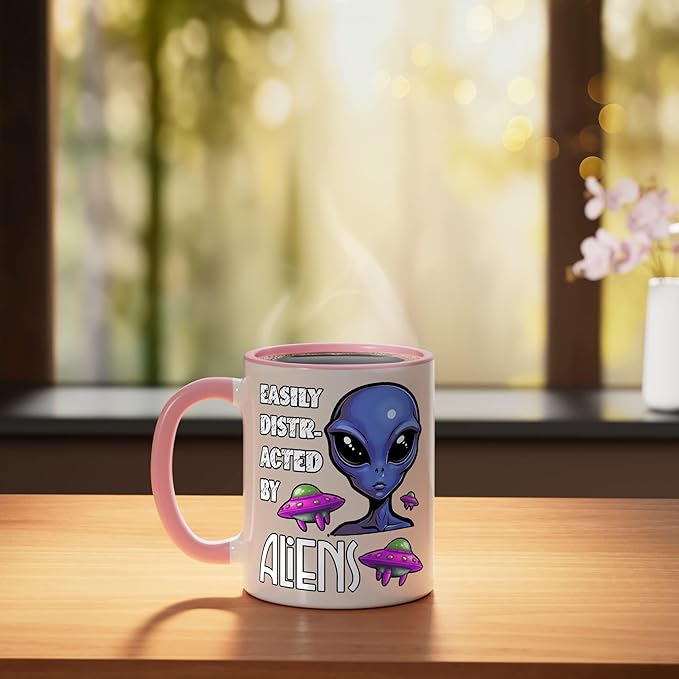 Easily Distracted By Aliens Funny Sci Fi Apparel Design Ceramic Mug, Pink/White