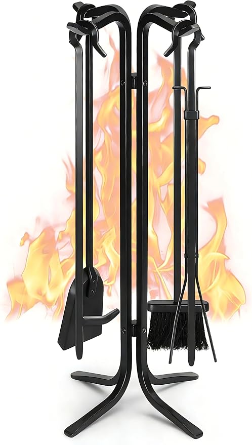 FEED GARDEN Hand Forged Iron Fireplace Tools Set 5-Piece Wrought Iron 28 Inch Fire Place Set Tools with Stand for Indoor Outdoor Heavy Duty Fireplace Accessories Poker, Tongs, Shovel, Brush, Base