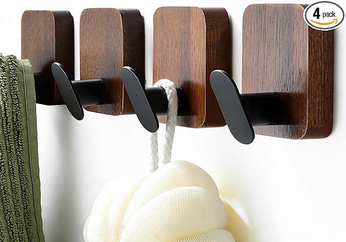 DELITON Wooden Wall Hooks, 4 Pack Acacia Adhesive Towel Hooks Sticky on Bathrooms, Kitchen, Entryway, Heavy Duty, Wall Decor