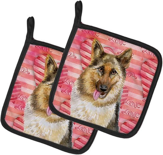 Caroline's Treasures BB9741PTHD German Shepherd Love Pair of Pot Holders, Red Kitchen Heat Resistant Pot Holders Sets Oven Hot Pads for Cooking Baking BBQ, 7 1/2 x 7 1/2
