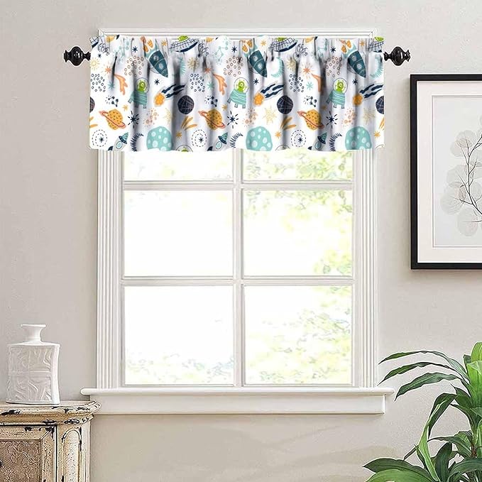 Kids Space Alien Valance, Cute Fun Cartoon Universe Planet Stars Rocket Short Rod Pocket Window Treatment for Kitchen Bedroom Nursery Classroom Decor, 54x18Inch