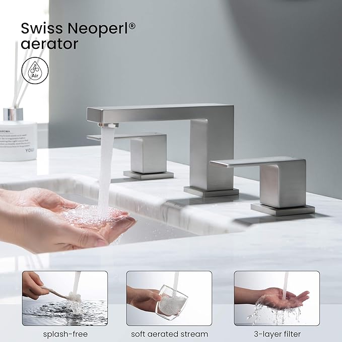 KIBI 2-Handle Cube Bathroom Sink Faucet with Drain Assembly | 3-Hole Installation, Solid Brass Construction | 8-Inch Widespread Lavatory Faucet | Brushed Nickel, KBF1024