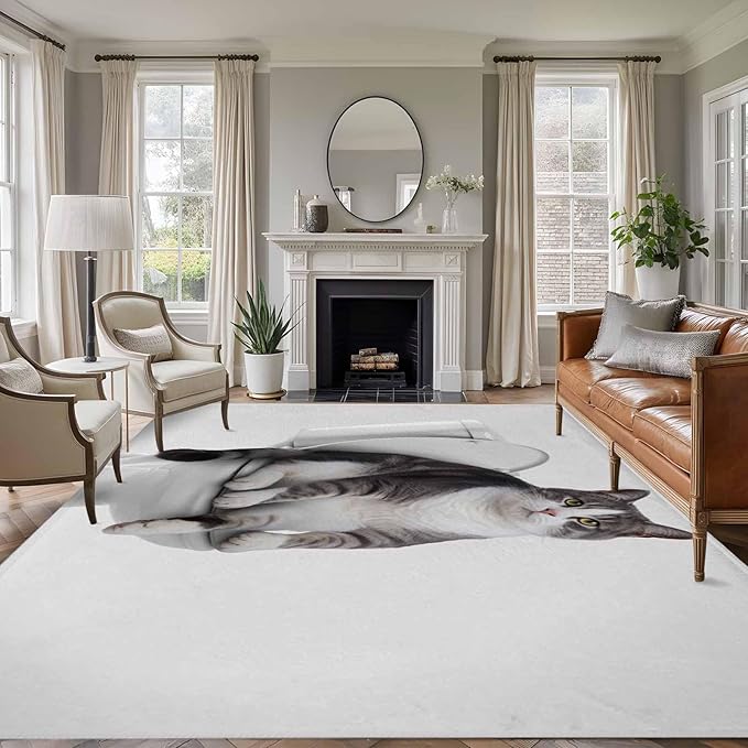 Area Rug 6x9ft, Cute Funny Cat on The Toilet Washable Rugs for Living Room Bedroom, Animal Grey Art Soft Non-Slip Area Rugs Rectangle Floor Carpet for Dining Room
