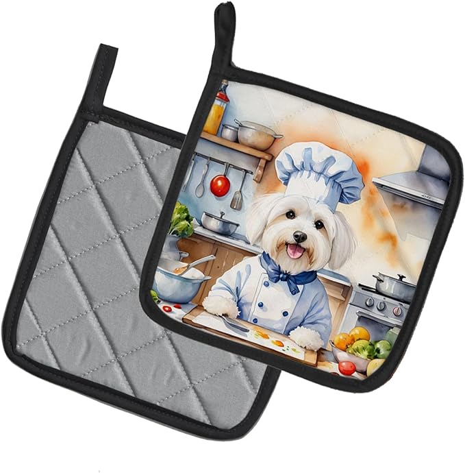 Caroline's Treasures Coton de Tulear The Chef Pair of Pot Holders Kitchen Heat Resistant Pot Holders Sets Oven Hot Pads for Cooking Baking BBQ, 7 1/2 x 7 1/2