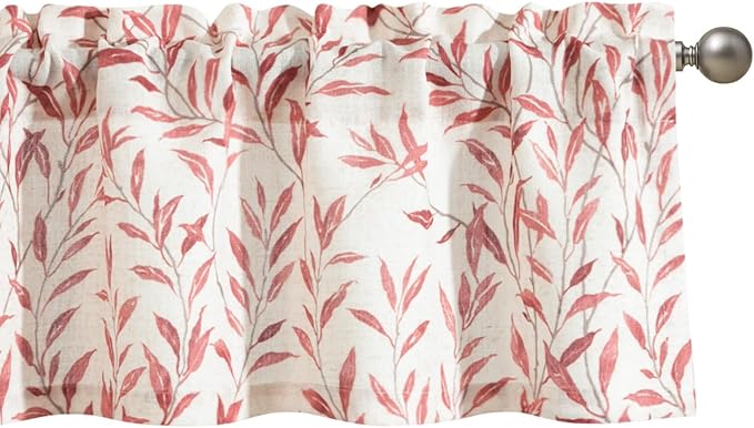Leeva Valances for Kitchen Windows - Farmhouse Leaves Print Rod Pocket Window Treatment for Door Head & Living Room, 52 x 12, Red, One Panel