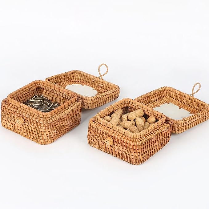 Rattan Box with Lid: Blue-and-White Porcelain Decorative Rattan Storage Box, Hand-Woven Wicker Storage Basket with Lid, for Sundries Tea Case Picnic Food Containers (Square 1, 4.33in*4.33in* 2.76in)
