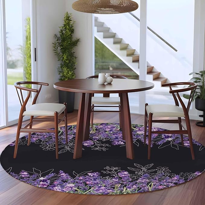 Washable Round Area Rug Spring Purple Lavender Flower Circle Rugs Floor Carpet for Living Room Bedroom, Watercolor Floral on Black Soft Non Slip Round Rug 5ft